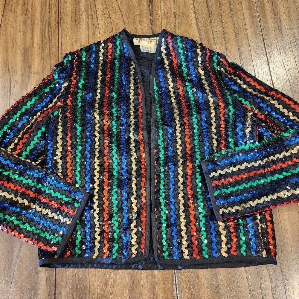 Ann green artsy black colorful sequin vintage open Cardigan Sweater